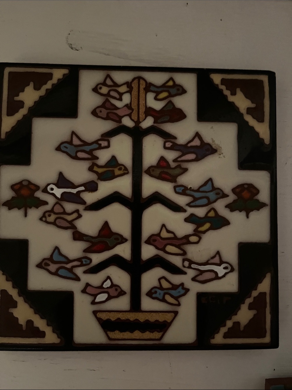 Hand-Painted Tree of Birds Ceramic Wall Tile - Multicolor